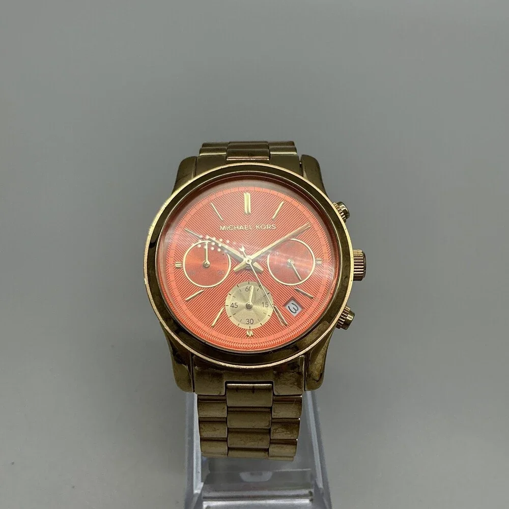 Michael Kors Womens Watch 38mm Orange Gold Tone Chrono Date New Battery 6.75
